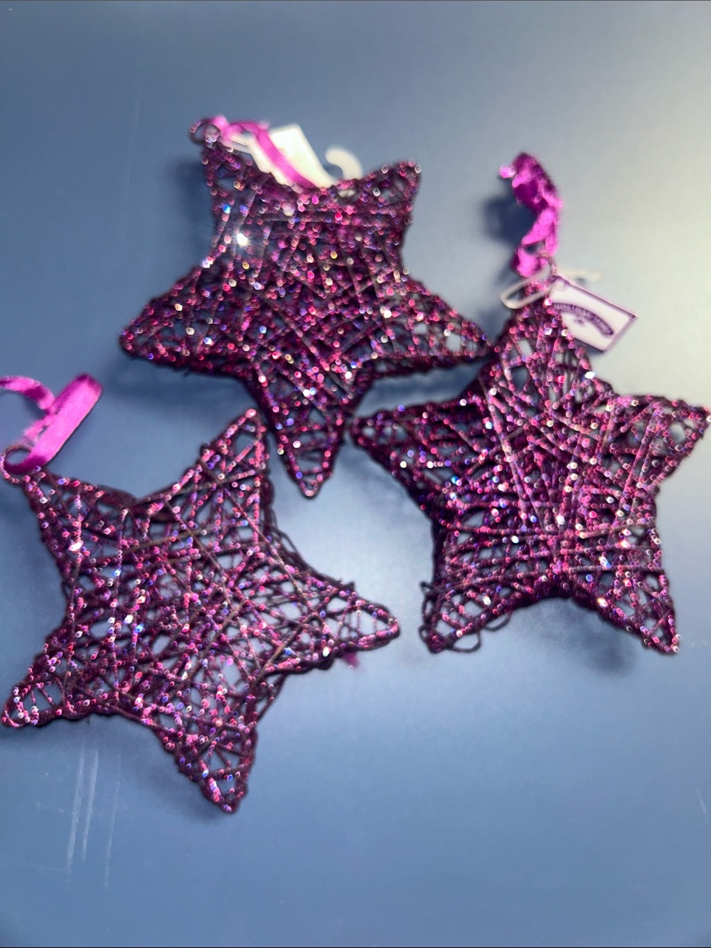 Holiday Time Purple Glitter Star Ornament Trio